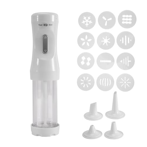Kueohse 1 Elektrische Kekspresse mit 12 Formen und 4 Dekorationsdüsen, Weiße ABS-Backform, Geeignet für Kuchen, Dessert, Heimwerker und Dekoration, Backzubehör von Kueohse