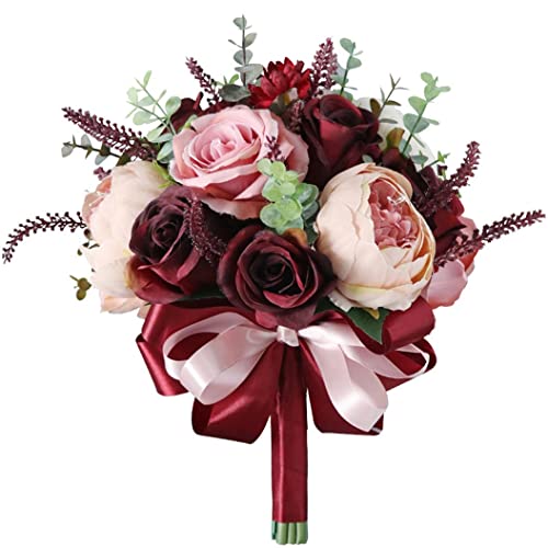 Kueohse Burgund Dusty Rosa Rose Bouquet - Champagner Blush Blooming Pfingstrose mit Eukalyptus Echte Perfekte Brauthochzeitsblumen von Kueohse