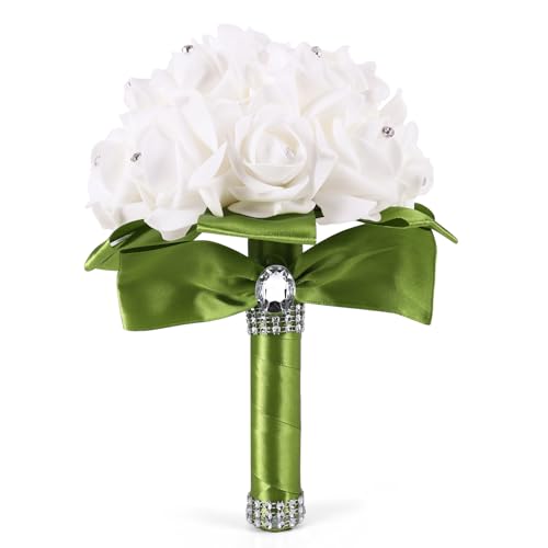 Kueohse R Schoene Hochzeits-Blumenstrauss Blumenhochzeitsstrauss kuenstliche Rose weisser Brautstraeusse mit gruener Band von Kueohse