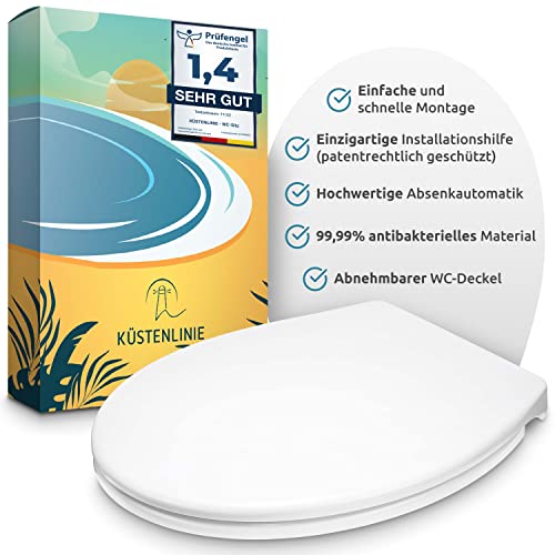 Küstenlinie® / Toilettendeckel mit Absenkautomatik | Komplettset | optimale Montage | WC Sitz antibakteriell | Das Original mit Schablone | WC Deckel weiß oval | Klodeckel universal von Küstenlinie