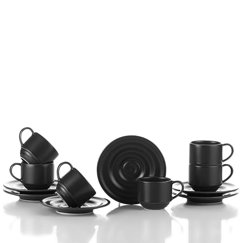 Kütahya Porselen 12-teiliges Kaffeetassen Set aus Porzellan | Kaffee Geschirrset für 6 Personen | Rundes und Modern Design Tassen & Untersetzer | Spülmaschinenfest (Anthrazit, 12 Teile Set) von Kütahya Porselen