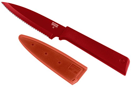 KUHN RIKON Colori+ Rüstmesser gezackte Klinge mit Klingenschutz, antihaftbeschichtet, Edelstahl, 19 cm, rot von KUHN RIKON