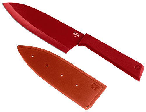 KUHN RIKON COLORI+ Santokumesser gross, gerade Klinge mit Klingenschutz, antihaftbeschichtet, Edelstahl, 27.5 cm, rot von KUHN RIKON