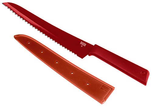 KUHN RIKON Colori+ Brotmesser gezackte Klinge mit Klingenschutz, antihaftbeschichtet, Edelstahl, 32.5 cm, rot von KUHN RIKON