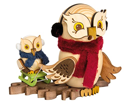 Drechslerei Kuhnert Rauchfigur/Räucherfigur - Eule Schlittenfahrt mit Kind aus Massivholz - ca. 15 cm - Made in Germany von Kuhnert