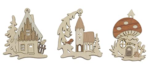 Kuhnert Drechslerei Schmuckanhänger/Baumschmuck - Motiv: Winterhäuser im 6er Set - Höha: ca. 7 cm - Made in Germany von Kuhnert