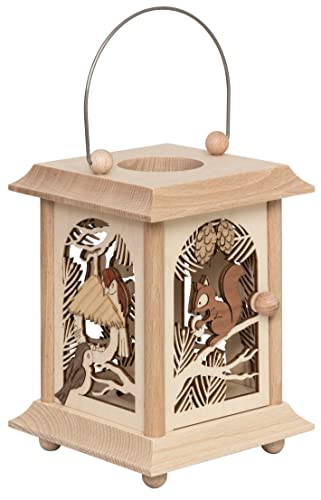 Drechslerei Kuhnert Tischlaterne/ Teelichthalter - Motiv: Eichhörnchen mit Vögeln aus Edelholz - Maße: 11,5 x 11,5 x 17cm - Made in Germany von Kuhnert