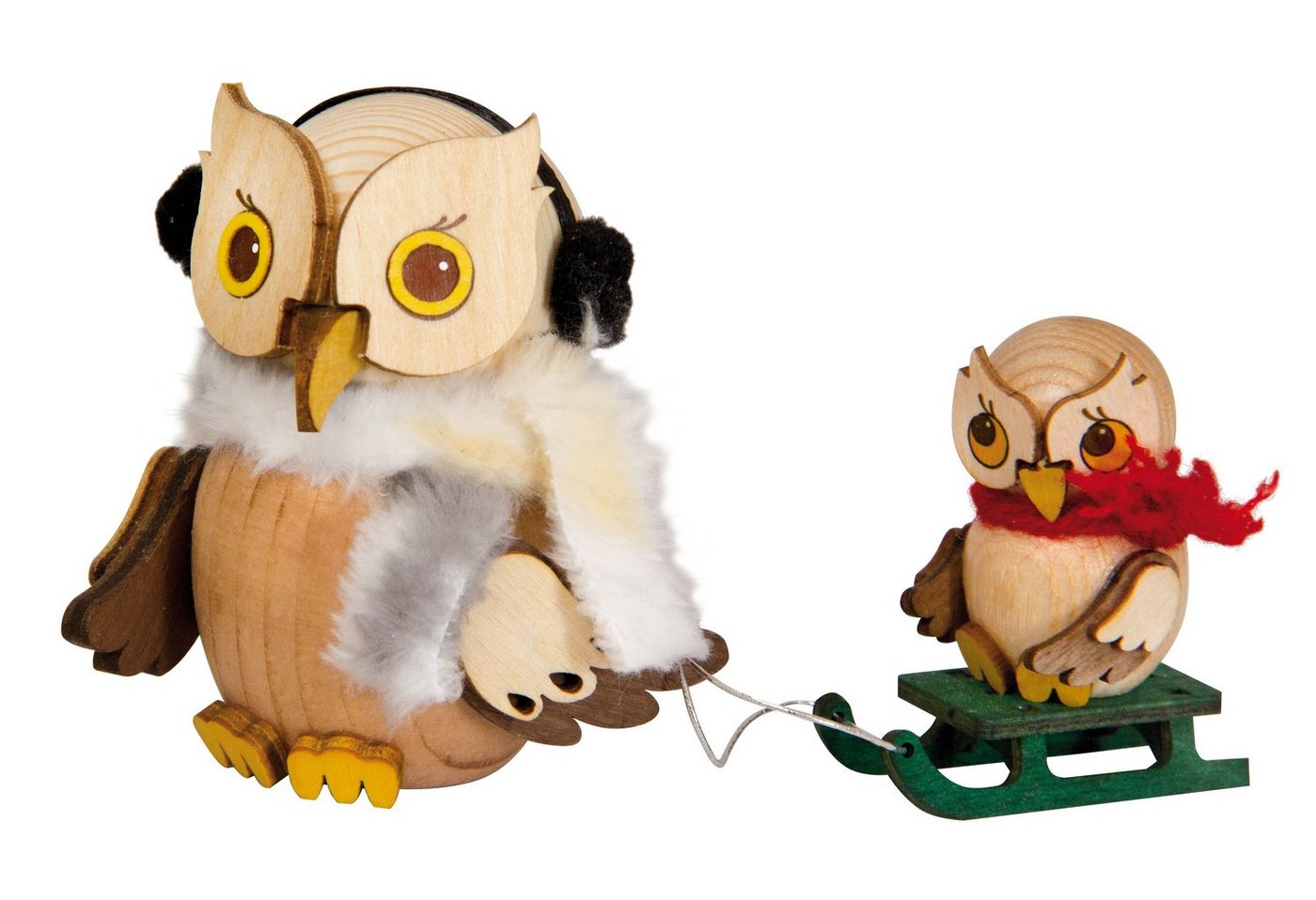 Kuhnert Dekofigur Mini-Eule Schlittenfahrt mit Kind - aus Holz gefertigt - ca. 7 cm, entzückende Dekoration für jeden Raum - Made in Germany von Kuhnert