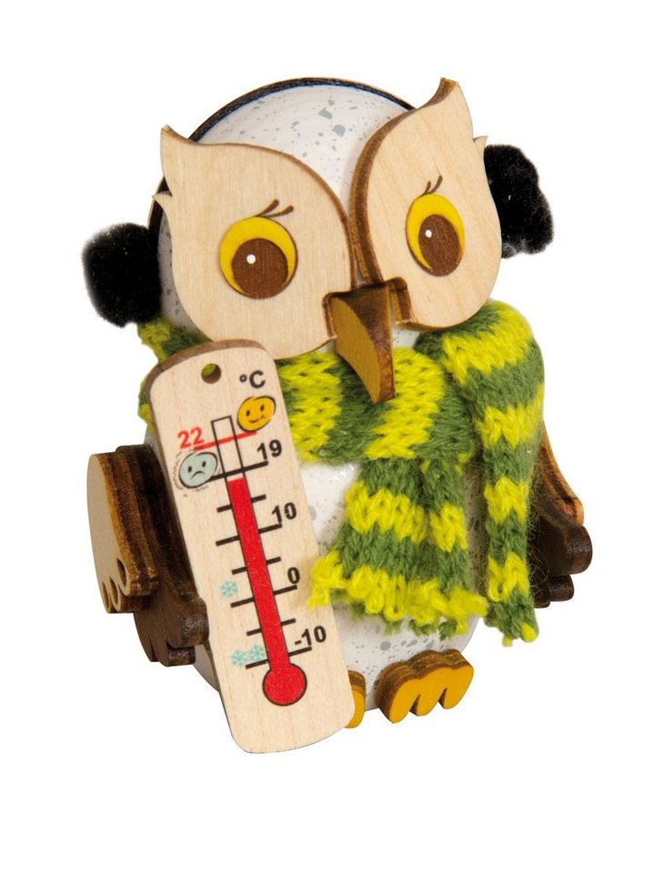 Kuhnert Dekofigur Mini-Eule als Schneeeule mit Thermometer - aus Holz gefertigt - 7 cm, entzückende Dekoration für jeden Raum - Made in Germany von Kuhnert