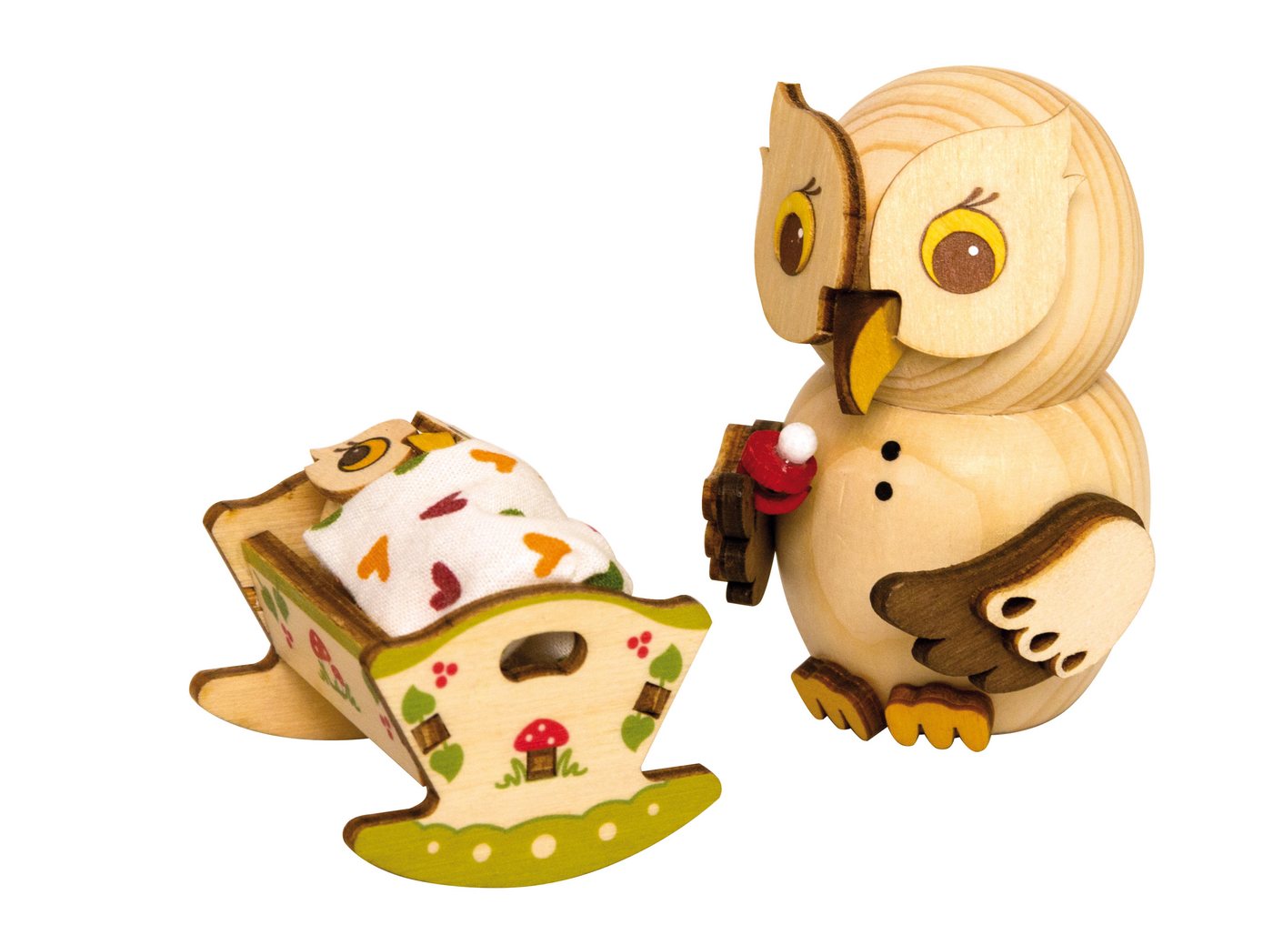 Kuhnert Dekofigur Mini-Eule mit Babywiege - aus Holz gefertigt - ca. 7 cm groß, entzückende Dekoration für jeden Raum - Made in Germany von Kuhnert