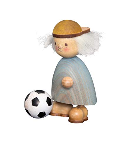 Kuhnert Drechslerei Dekoration/Holzfigur aus Massivholz mit Schafwollfrisur - Finn & Finja - Motiv: Finn mit Fußball - Höhe: ca. 9cm - Made in Germany von Kuhnert