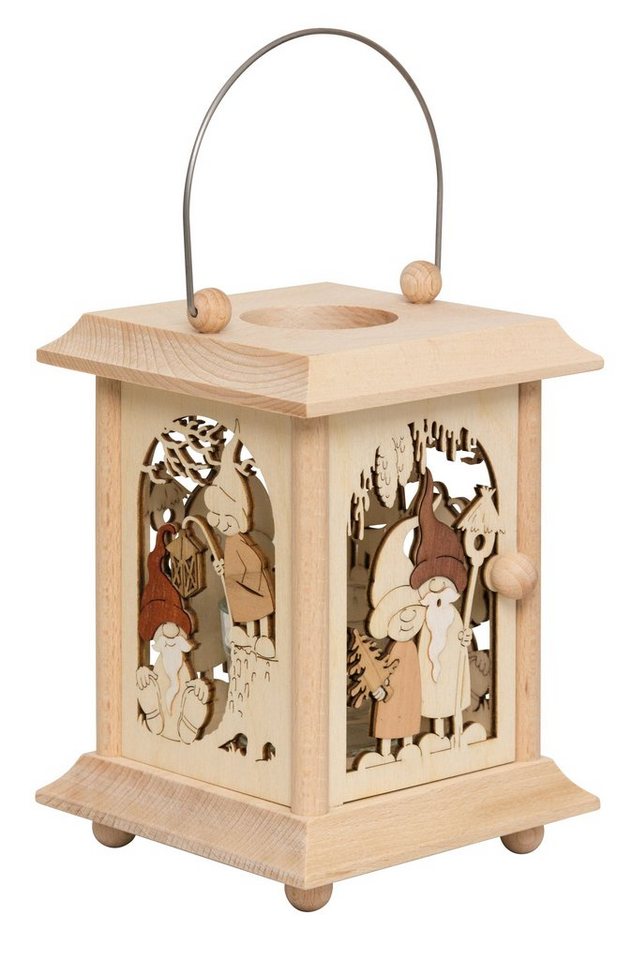 Kuhnert Kerzenhalter Tischlaterne aus Holz Motiv Wichtel, 11,5 x 11,5 x 17 cm, Handwerkskunst aus dem Erzgebirge von Kuhnert