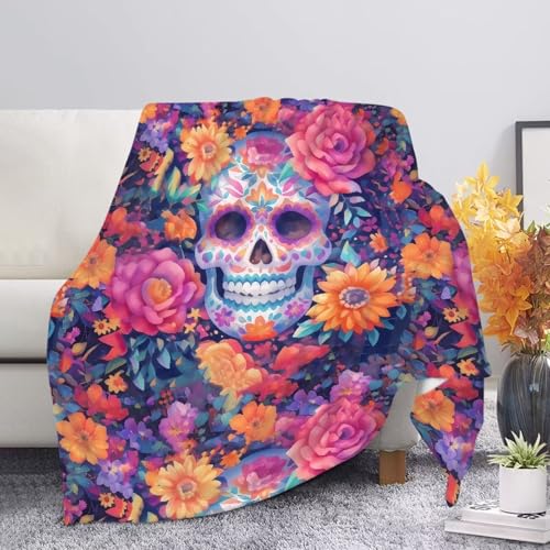 Kuiaobaty Fleecedecke mit Totenkopf-Blumenmuster für Sofa, Bett, Totenköpfe, Blumen, Decken und Überwurf, gemütliche Bettwäsche, Einzelüberwürfe von Kuiaobaty
