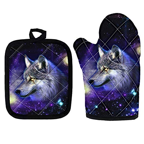 Kuiaobaty Ofenhandschuhe mit Topflappen, Motiv: Galaxie, Wolf, hitzebeständig, 2 Stück von Kuiaobaty