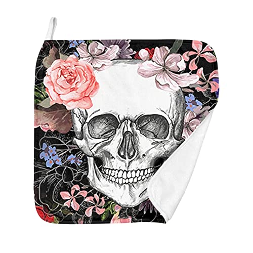 Kuiaobaty Totenköpfe Blumen-Handtücher für Badezimmer, 4er-Set, Aufhängeschlaufe, schnell trocknende Taschentücher, Gothic-Totenkopf-Muster, Taschentücher (2 Stück) von Kuiaobaty