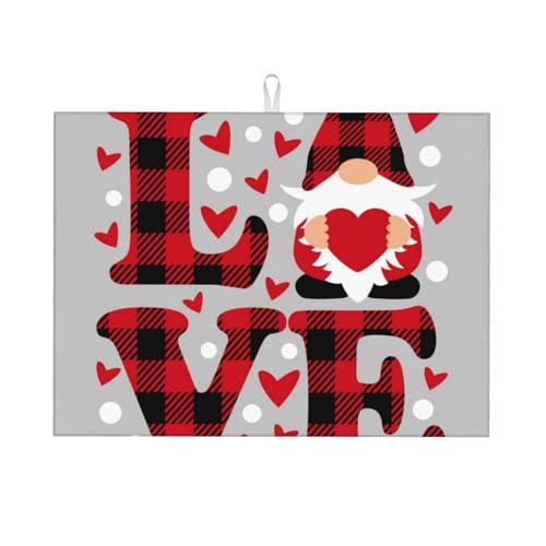 Kuilepa Buffalo Plaid Love And Gnome Print Dish Drying Mat For Kitchen Countertop Protector Dishes Pad Large 45,7 x 61 cm von Kuilepa