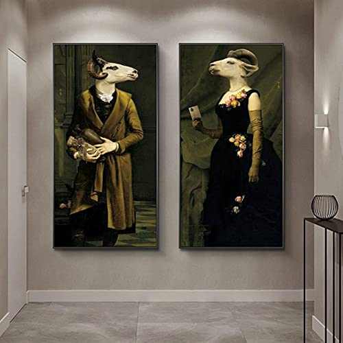 Kuingbhn Gräfin der Ziegen Vintage Poster drucken Tiere im Anzug Leinwandbilder Nordic Art Wand Leinwand Bild Dekor 60x120cmx2 Rahmenlos von Kuingbhn