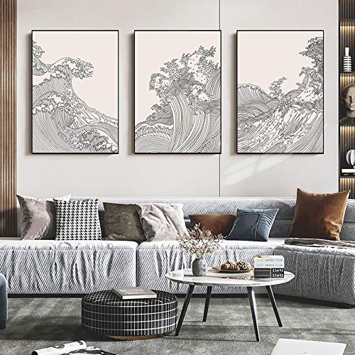 Nordic Black and White Canvas Painting Lines Abstract Sea Waves Japanese Style Homestay Poster und Print Home Decor 40x60cmx3 Frameless von Kuingbhn
