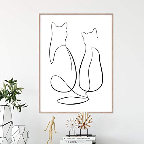 Kuingbhn Zwei Katzen Single Line Malerei Wand Leinwand Kunstdruck Schwarz-Weiß-abstraktes Poster Moderne minimalistische Dekoration 30x40cmx1 Stück Rahmenlos von Kuingbhn