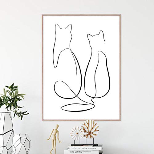 Kuingbhn Zwei Katzen Single Line Malerei Wand Leinwand Kunstdruck Schwarz-Weiß-abstraktes Poster moderne minimalistische Dekoration 40x60cmx1 Stück rahmenlos von Kuingbhn