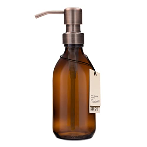 Kuishi Amber Glass Pump Bottle with Stainless Steel Pump [250ml, Bronze], Amber Glass Soap Dispenser Refillable Brown Glass Bottles Ideal of Handwash, Shampoo, Conditioner, Shower Gel (BPA-Free) von Kuishi