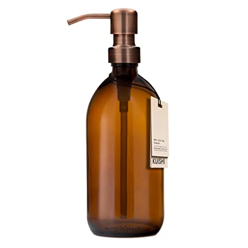 Kuishi Amber Glass Pump Bottle with Stainless Steel Pump [500ml Bronze], Amber Glass Soap Dispenser Refillable Brown Glass Bottles Ideal of Handwash, Shampoo, Conditioner, Shower Gel (BPA-Free) von Kuishi