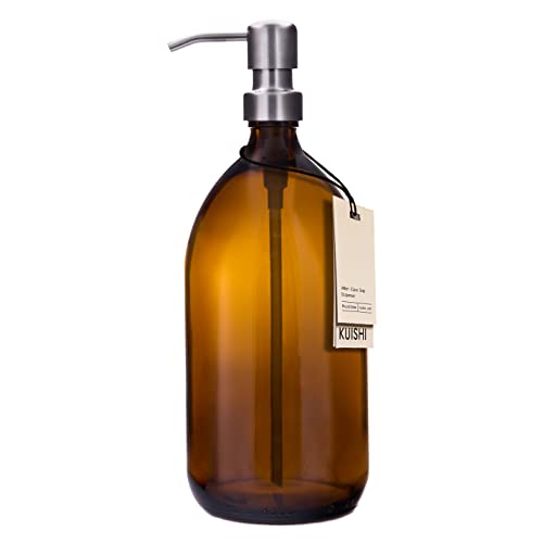 Kuishi Braunglas-Pumpflasche mit Edelstahlpumpe [1000 ml, Silberne Pumpe], Braunglas-Seifenspender, nachfüllbare Braunglasflaschen, ideal für Handwäsche, Shampoo, Spülung, Duschgel (BPA-frei) von Kuishi