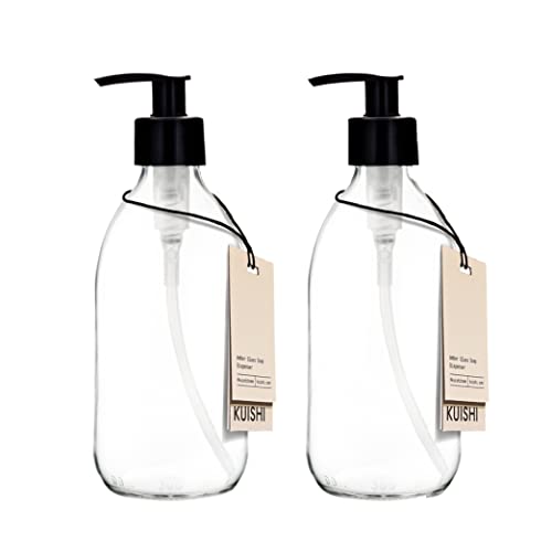 Kuishi Clear Glass Soap Dispenser with Pump [250ml Pack of 2], Clear Soap Dispenser with Black Plastic Pump (BPA Free), Glass Shampoo Bottles Ideal for Handwash, Conditioner, Shower Gel von Kuishi