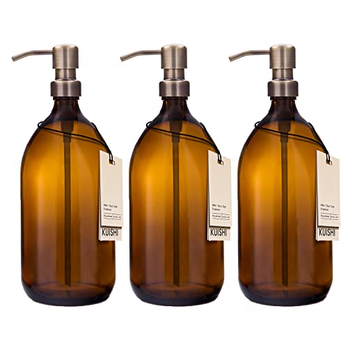 Kuishi Geschenkset mit DREI bernsteinfarbenen Glas-Pumpflaschen mit Edelstahl-Pumpe [1000ml, Gold], Bernsteinglas-Seifenspender, nachfüllbare Braunglasflaschen (BPA-Frei) von Kuishi