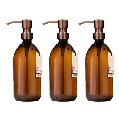 Kuishi Geschenkset mit DREI bernsteinfarbenen Glas-Pumpflaschen mit Edelstahl-Pumpe [500ml, Bronze], Bernsteinglas-Seifenspender, nachfüllbare Braunglasflaschen (BPA-Frei) von Kuishi