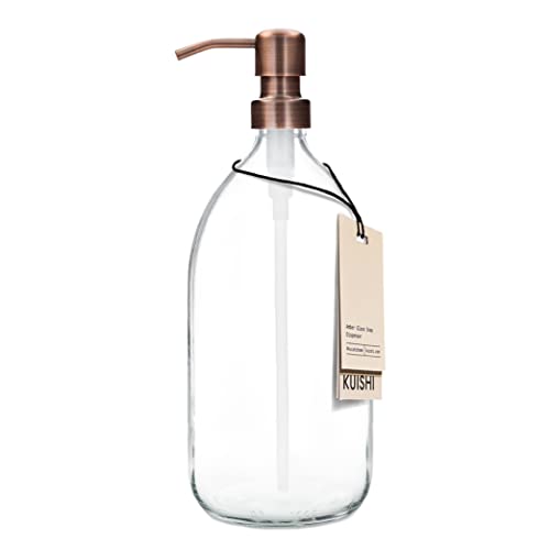 Kuishi Klarglas-Pumpflasche Spender [1000 ml, Bronzepumpe] Nachfüllbare Braunglas-Seifenspender Flasche mit Edelstahlpumpe, umweltfreundlich (BPA-frei) von Kuishi