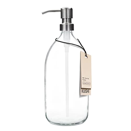 Kuishi Klarglas-Pumpflasche Spender [1000 ml, Silberpumpe] Nachfüllbare Braunglas-Seifenspender Flasche mit Edelstahlpumpe, umweltfreundlich (BPA-frei) von Kuishi