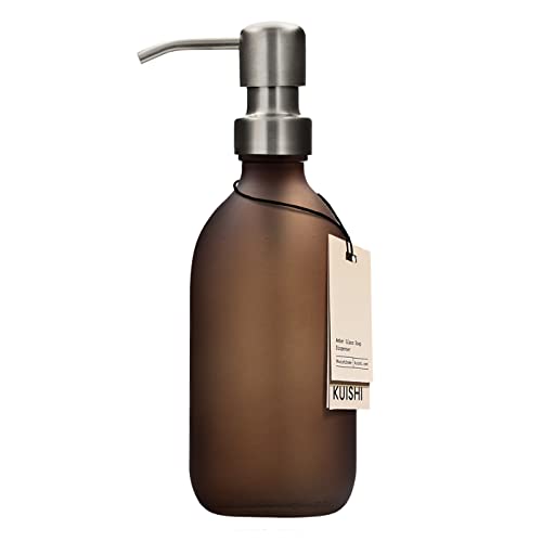 Kuishi Matt Brown Glass Soap Dispenser with Pump [300ml, Silver], Brown Soap Dispenser with Stainless Steel Pump, Brown Pump Bottle Ideal for Hand Wash, Shampoo, Conditioner, Shower Gel (BPA-Free) von Kuishi