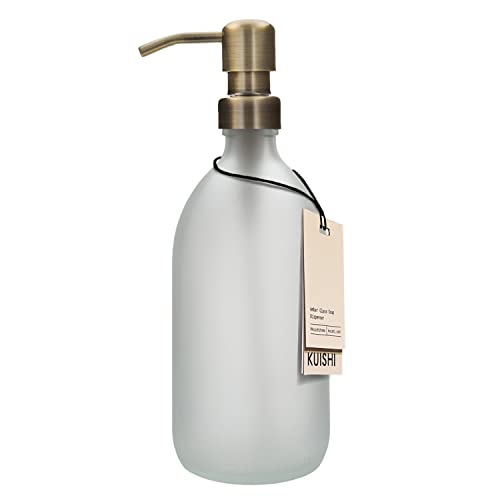 Kuishi Mattes Glas Weiß Seifenspender Pumpflasche [500ml, Gold], Glasflasche Seifenspender mit Edelstahlpumpe, Weiß Badzubehör (BPA-frei) von Kuishi