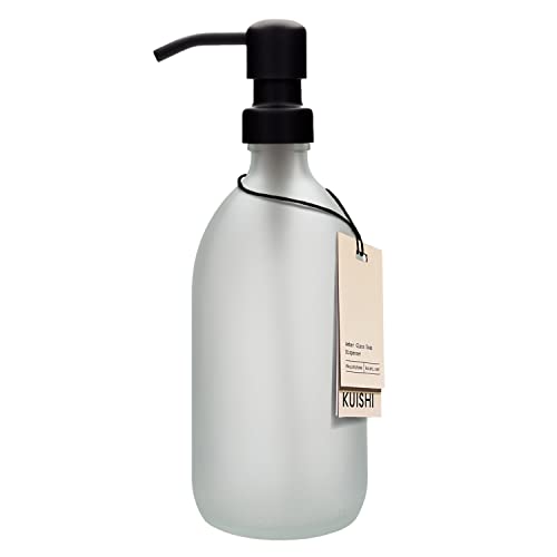Kuishi Matt Glas Weiß Seifenspender Pumpflasche [500ml, Schwarz], Glasflasche Seifenspender mit Edelstahlpumpe, Weiß Badezimmer Zubehör (BPA-frei) von Kuishi