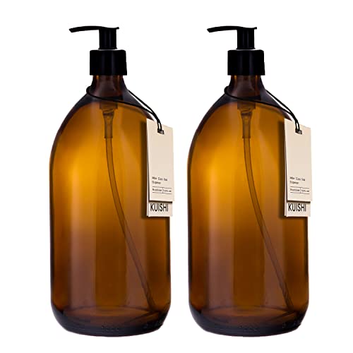 Kuishi Amber Brown Glass Pump Bottle Dispenser 1000ml [Pack of 2], Refillable Amber Glass Soap Dispenser Bottle with Black Plastic Pump for Reducing Plastic Waste (BPA-Free) von Kuishi