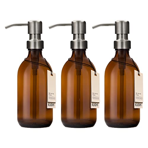 Kuishi Set aus DREI bernsteinfarbenem Glas Pumpen 300ml Flasche mit silberner Edelstahlpumpe, umweltfreundlicher nachfüllbarer Seifenspender, stilvolle Badezimmer Dekoration von Kuishi