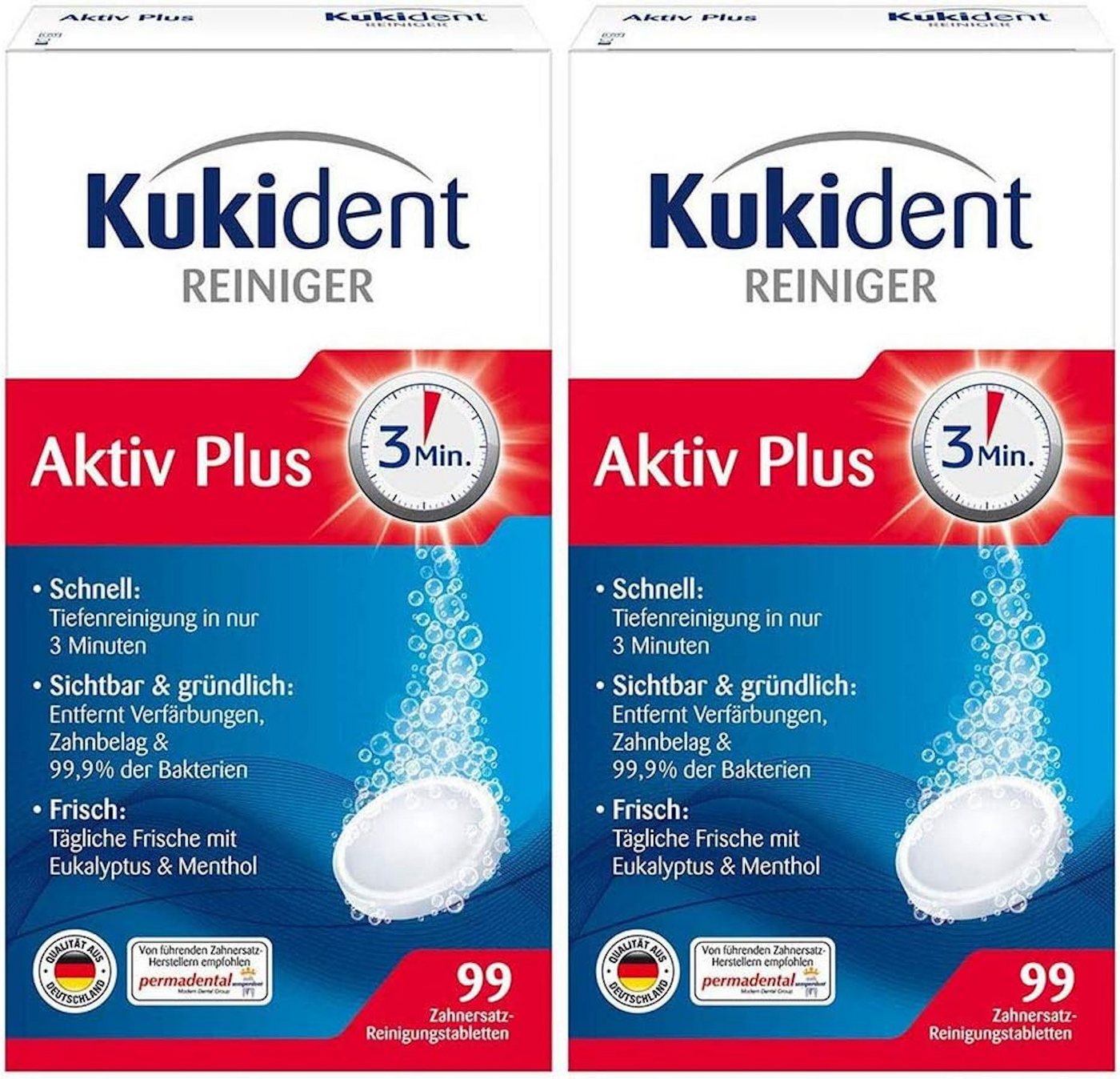 Kukident Aktiv Plus (2 x 99 St) Reinigungstabletten (Spar-Pack, [198-St. für Zahnprothese & Gebiss - Entfernt 99,9% der Bakterien) von Kukident