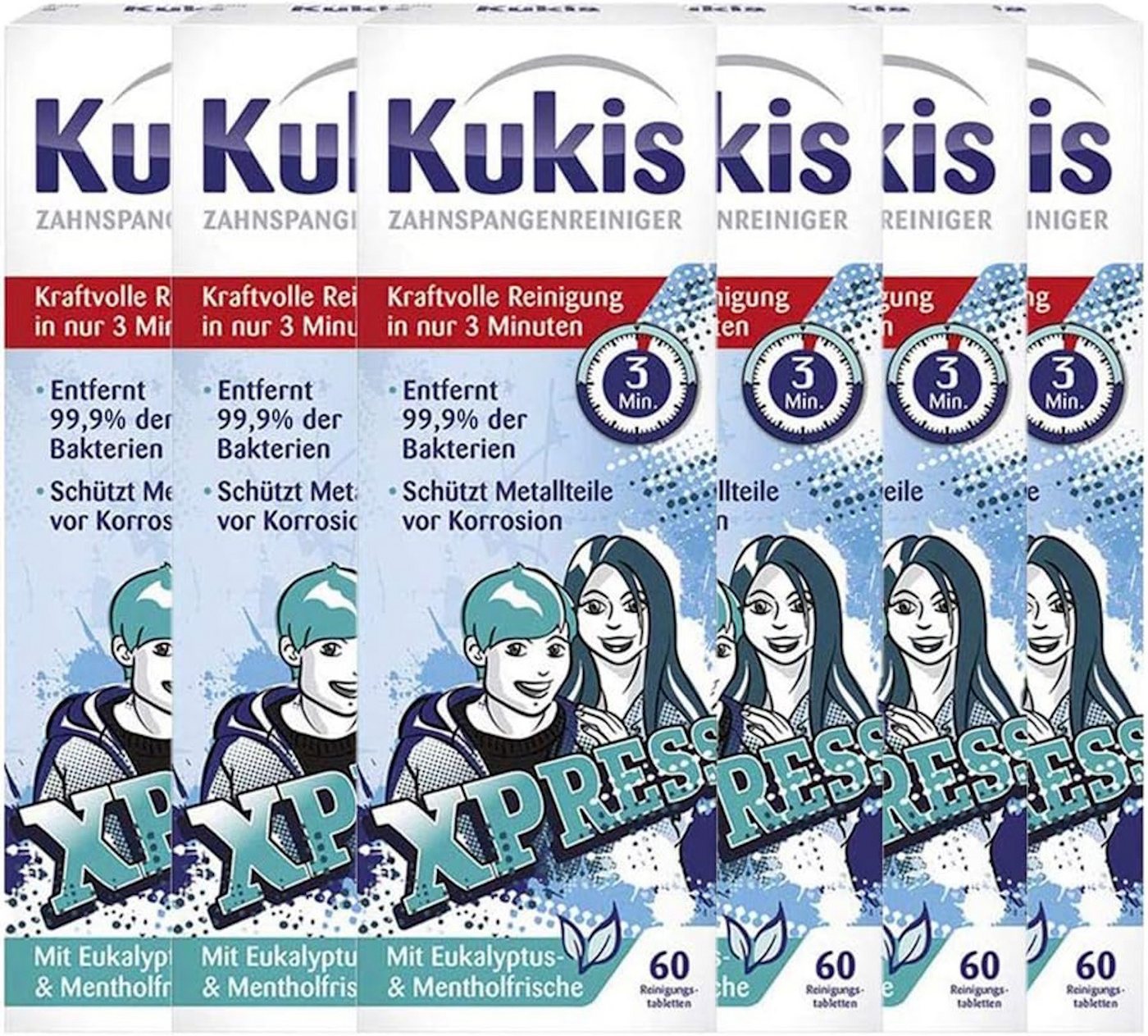 Kukident Kukis Zahnspangenreiniger (6 x 60 St) Reinigungstabletten (Spar-Pack, [360-St. Entfernt 99,9% der Bakterien - mit Eukalyptus- & Mentholfrische) von Kukident