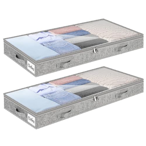 Unterbett Aufbewahrungsbox 2 Stück Unterbettkommode und klarem Deckel, 10cm hoch Kleideraufbewahrung & Organisation aus langlebigem Material, ohne feste Struktur, 4 Griffen & 2 Reißverschluss, Faltbar von Kukikan