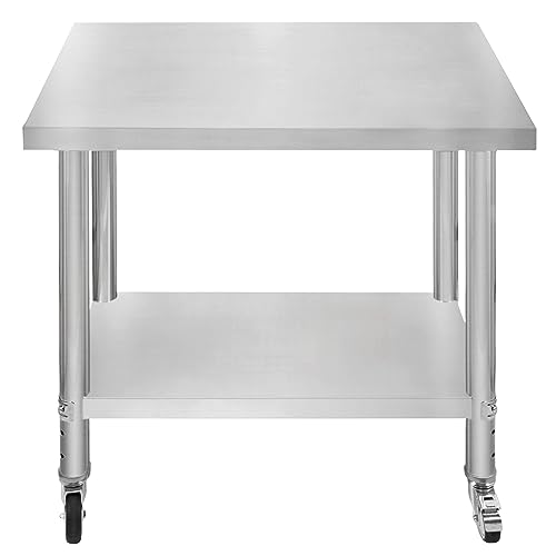 Gastro Edelstahl Arbeitstisch Vorbereitungstisch Küchentisch Zerlegetisch Flexibel Mobil 4 Rollen 2 Bremsen 4 anpassbaren Füßen Verstellbares unteres Regal 3 Positionen 160kg Kapazität 76 x 90 x 86cm von KuKoo