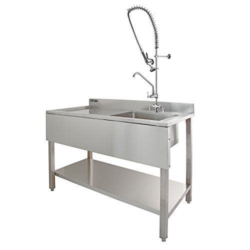 KuKoo Gastro Profi Edelstahlspüle Spültisch Spülbecken Gastrospüle Spüle Spülbecken Waschbecken Abtropffläche Links 120cm L x 60cm B x 105cm H mit Geschirrbrause Wasserhahn mit Ablagefläche Edelstahl von KuKoo
