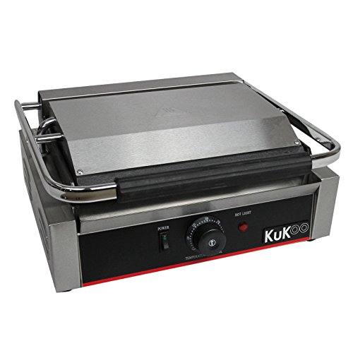 KuKoo Edelstahl Panini Grill Elektrogrill Sandwichtoaster Grill Tischgrill 1/2 glatt-1/2 gerillt 2200W mit Gratis Draht Reinigungsbürste und 2 x Fettauffangschalen 43 cm (B) x 31 cm (T) x 21,5 cm (H) von Kukoo