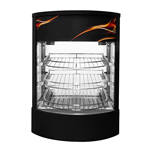Speisenwärmer Heißtheke Warmhaltetheke Gewerblicher Glas warme Pizza Kuchen Vitrine schwarzer Stahl elektrisch 30-85°C Temperaturkontrollschalter Innenbeleuchtung 3-stufiges Drahtregal GRATIS Zange von KuKoo