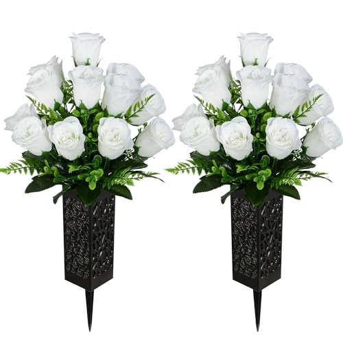 Kukooka Künstliche Friedhofsblumen, Grab-Gedenkblumen, 2 Stück Künstlicher Rosenstrauß mit Vase für Friedhof Grabsteine Grabstätten Dekoration (Weiß) von Kukooka