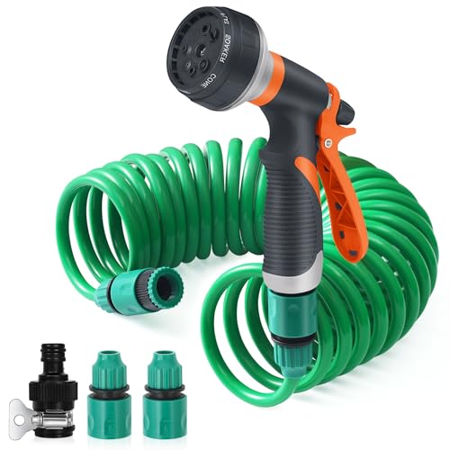 Flexibler Gartenschlauch, 7.5M Spiralschlauch Komplett Set mit 8 Funktions Brause, Handbrause Garten Brausekopf Gartenbewässerung für Autowäsche, Haustierdusche, Gartenarbeit von Kulamo