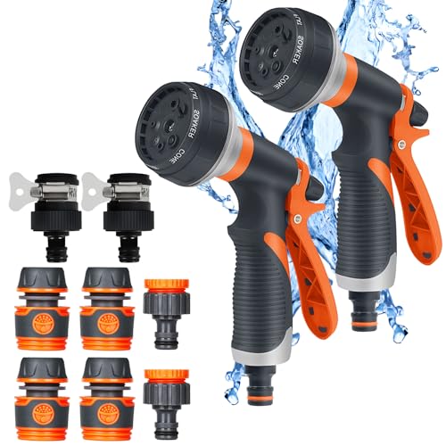 Gartenbrause 2er Set, Handbrause Garten 8 Bewässerungsmuster, Einstellbarer Wasserdurchfluss, Hochdruck Handsprüher Spritzpistole für Gartenbewässerung, Haustierdusche, Autowäsche (Orange) von Kulamo