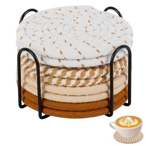 Untersetzer Gläser,8PCS Handgemachte Untersetzer Gläser mit Halter,Baumwolle Untersetzer Runde,11cm Abwaschbar Tassenuntersetzer Glas Untersetzer Set für Getränke Tassen Glas Coasters von Kulannder