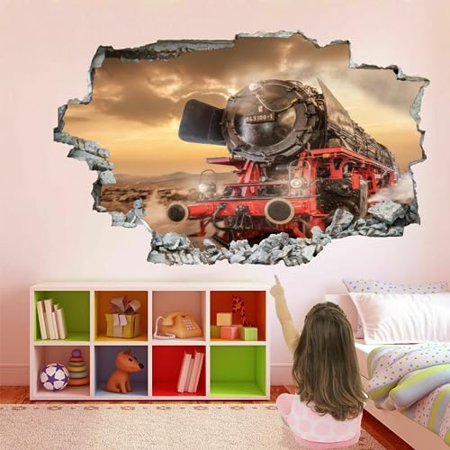 3D Wandaufkleber, Retro-Zug Durchbruch Wandtattoos Deko Wand Selbstklebend Sandsturm, Wand Aufkleber Wanddurchbruch Wandsticker für Zuhause, Badezimmer, Schlafzimmer, Wohnzimmer 110x70cm von Kuletkear