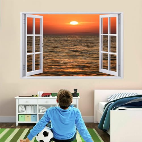 3D Wandtattoo Durchbruch Wanddeko Sonnenuntergang Am Meer Wanddurchbruch sticker selbstklebend Wandbild Wandsticker Landschaft Wohnzimmer Wanddeko Wandaufkleber für Teenager Zimmer 90x60cm von Kuletkear